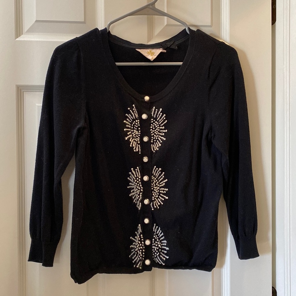 Wool Anthropologie brand cardigan. Black with cream vintage detail.